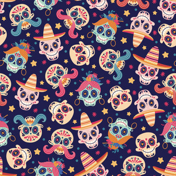 Sugar skulls seamless vector pattern. Head of a woman with an ornament, earrings, flowers. Faces of men with sombrero, mustache. Mexican masks for Cinco de Mayo, Day of the Dead. Festive background