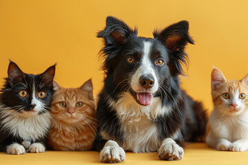 A realistic photo of an adult Border Collie dog and three cats, sitting side by side on the floor against a bright yellow background. Created with Ai