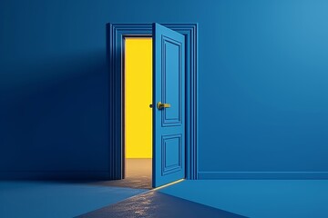 3d render, open blue door isolated on blue background, yellow light going through the slot. Architectural design element. Modern minimal concept. Opportunity, Generative AI 