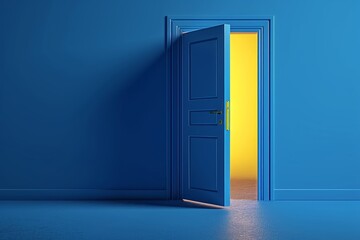 3d render, open blue door isolated on blue background, yellow light going through the slot. Architectural design element. Modern minimal concept. Opportunity, Generative AI 
