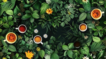 Herbal tea and botanicals seamless pattern, with a variety of leaves, flowers, and teacupsv - obrazy, fototapety, plakaty
