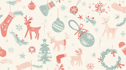 Vintage Christmas toys and ornaments, seamless pattern in soft pastel colors . Seamless Pattern, Fabric Pattern, Tumbler Wrap.