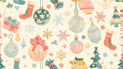 Vintage Christmas toys and ornaments, seamless pattern in soft pastel colors. Seamless Pattern, Fabric Pattern, Tumbler Wrap.