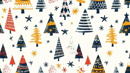 Minimalist Scandinavian Christmas pattern, seamless design with geometric trees and stars . Seamless Pattern, Fabric Pattern, Tumbler Wrap.