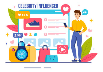 Celebrity Influencers Vector Illustration with Posts on Internet for Advertising Marketing, Daily Life or Endorse in Flat Cartoon Background