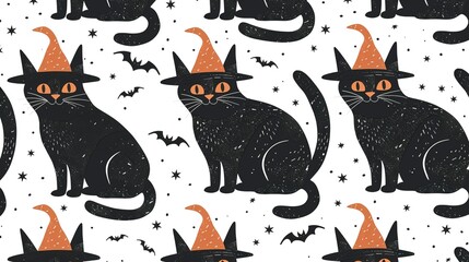 Seamless pattern of black cats and witch hats. Seamless Pattern, Fabric Pattern, Tumbler Wrap.