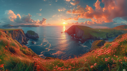 Beautiful landscape of cliffs and sea in Ireland with sunset, beautiful clouds, flowers on the grassy hills, golden hour. Created with Ai - obrazy, fototapety, plakaty