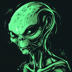 alien head close-up profile illustration in green on a black background