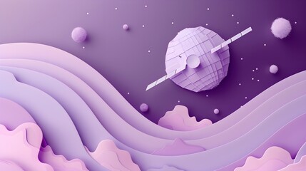 Satellite Orbiting Purple Planetary Waves Paper Wallpaper Background - obrazy, fototapety, plakaty