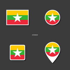 Myanmar flag icon set in different shape (rectangle, circle, square and marker icon) on dark grey background.