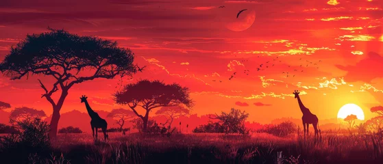 Poster African safari silhouette, sunset colors, wild serenity © Anuwat