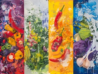 Obraz premium Abstract expressionist vegetable montage with splashes of vibrant color across four panels