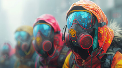 Commuters on a smoggy morning, with vibrant respirator designs, photorealistic