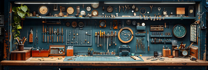  Professional Jeweler's Organized Desktop,
Worker tools Labor equipment Workman instruments Technician gear
 - obrazy, fototapety, plakaty
