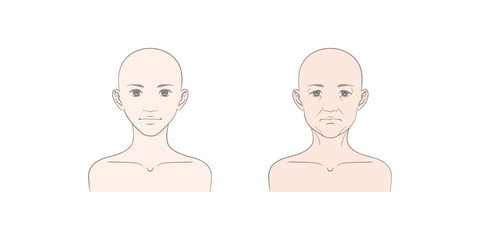 若い女性と中高年女性の正面から見た顔のイラストセット（髪の毛なし）