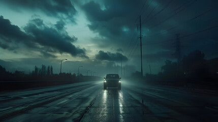 car on the highway expressway in the dark storm approaching - obrazy, fototapety, plakaty