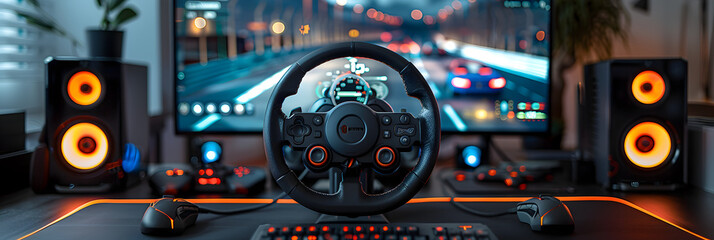 car dashboard with lights,Sleek racing wheel controller with force feedbac - obrazy, fototapety, plakaty