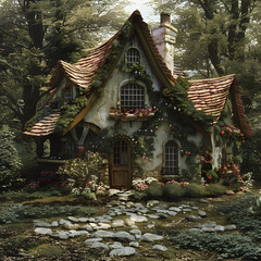 The fairytale cottage house in the forest dwarves hobbits  - obrazy, fototapety, plakaty