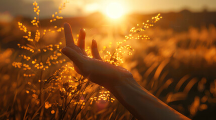 A hand is raised in the air, with the sun shining on it. Concept of hope and positivity, as the sun's rays illuminate the hand and create a warm, inviting atmosphere