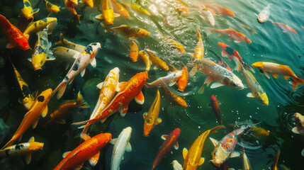 Fototapeta na wymiar Golden koi carp swimming in the pond,style of cinematic photography Chinese, retro style