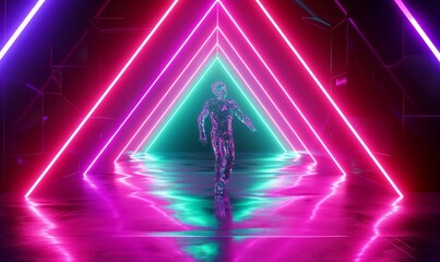 looping 3d animation, crystal man dancing inside the triangular neon tunnel. Musical performance on the stage with laser show, Generative AI  - obrazy, fototapety, plakaty