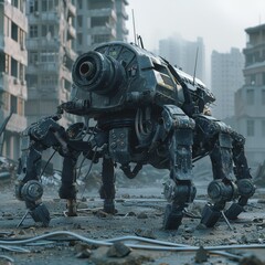 Combat Robot in Ruined Cityscape