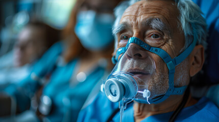 A senior patient receiving respiratory support from a healthcare professional. The patient is seated and wearing an oxygen mask - obrazy, fototapety, plakaty
