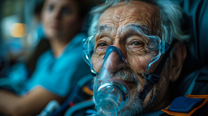 A senior patient receiving respiratory support from a healthcare professional. The patient is seated and wearing an oxygen mask