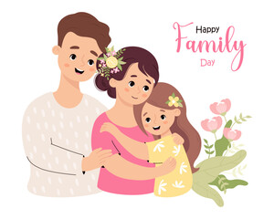 Happy Family Day card. Cute man father, with wife and daughter in flowers. Vector illustration