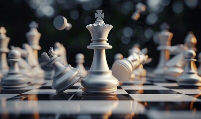 3d render, chess game battle. Queen's Gambit. White chess piece aggressive attack. Successful strategy, checkmate concept, Generative AI 