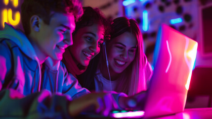 Students looking to a laptop smiling neon lights