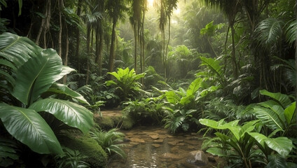 Jungle Lush Vegetation Pond Water Rain Forest  - obrazy, fototapety, plakaty