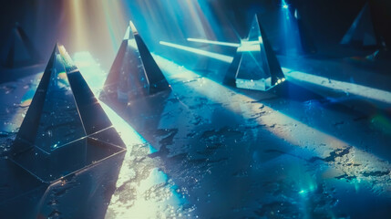 close up of a dark set with bluish shadows, several triangular prisms on the set, and a laser light...