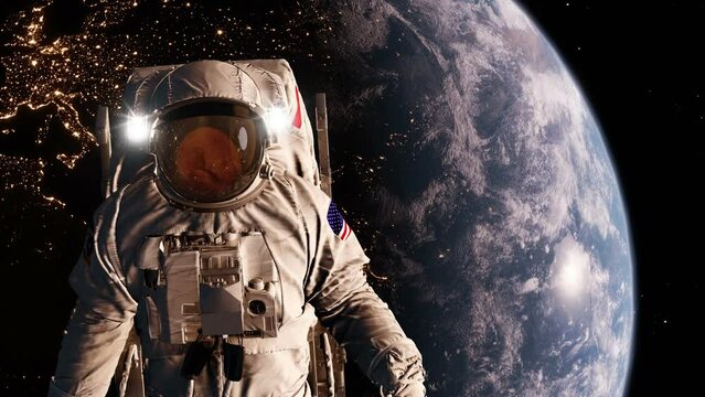 An astronaut out of a spaceship into outer space with rotating planet earth and planet mars is reflecting from astronaut helmet 4k realistic 3d space Animation. Video elements furnished by NASA.