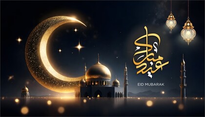 glowing crescent moon for eid mubarak festival in blue  text gold background - obrazy, fototapety, plakaty