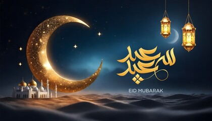 Obraz na płótnie Canvas glowing crescent moon for eid mubarak festival in blue text gold background