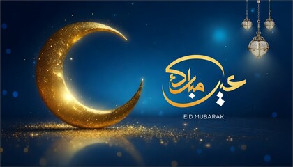 Obraz na płótnie Canvas glowing crescent moon for eid mubarak festival in blue text gold background