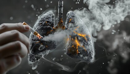 Visual Warning. Smoking Hand with Cigarette Beside Smoke-filled Lungs, Signifying Health Hazards - obrazy, fototapety, plakaty