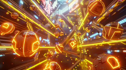 Virtual sports with betting objects flying around in an ultra realistic environment with yellow neon lights and a cinematic effect