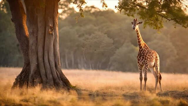 A charming giraffe calf is captured on camera, showcasing its endearing antics, radiating a sense of joy and playfulness