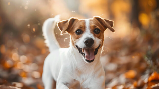 Happy active dog, jack russell playing in the park. Domestic dog concept. sunset light photography
