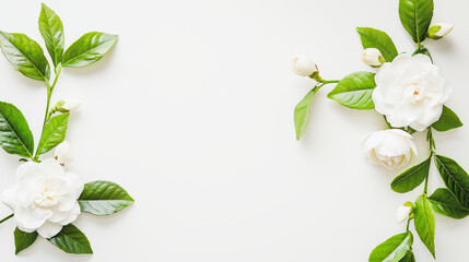 a clean, white space adorned with small, delicate Gardenia flowers arranged in the corner, presented in a flat lay, top view, perfect for a phone background, exuding cleanliness and minimalism.