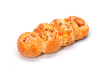 Sausage twist bun isolated on white background. Bakery product photography