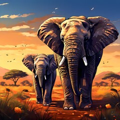 A cute baby elephant and a mother elephant walking on an African meadow. Generative AI