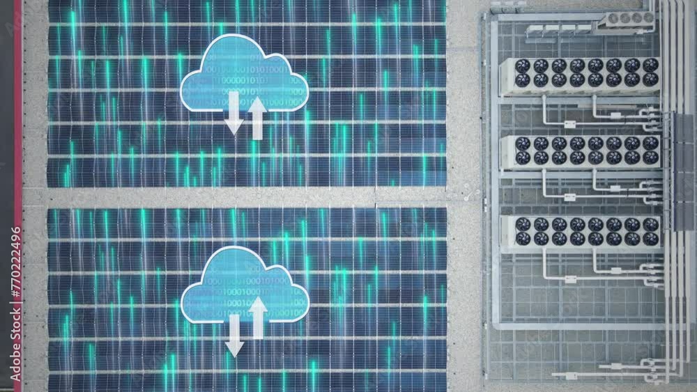 Poster aerial of digital data storage center. telecommunication facility with cloud and lines animation. 3d