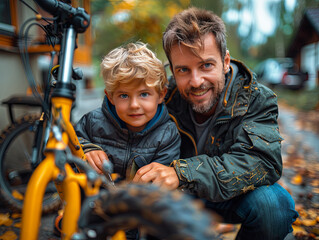 Fototapeta premium Joyful father and son smile while looking at a bike, surrounded by the beauty of an autumn day and fallen leaves