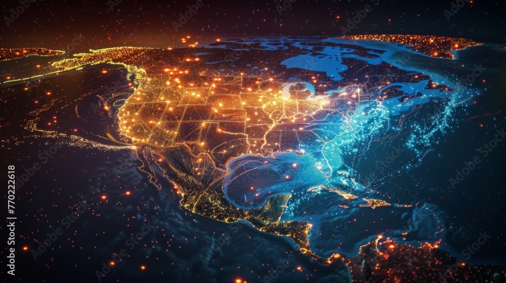 Poster a map of the world showcasing bright lights representing each country, creating a stunning visual di