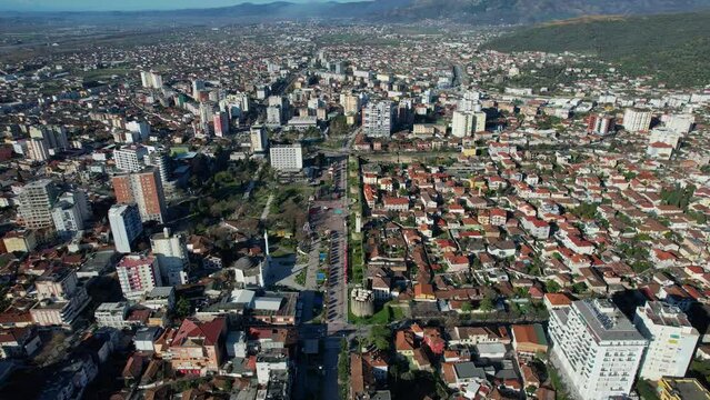 Aerial view of Elbasan City's New and Old Architecture, Featuring Buildings and the Ancient Castle
