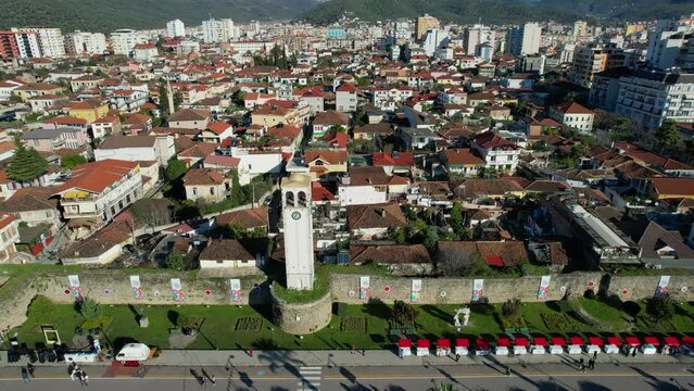 Ancient Stone Castle Walls and Tower Enveloping the Elbasan City's Historic Houses in a Timeless Embrace