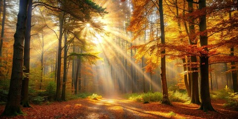 Sun beams in an autumn morning forest